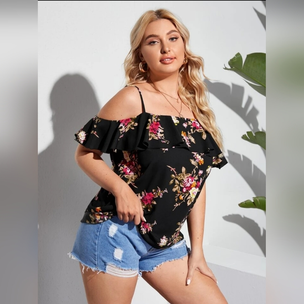 Shein Floral Ruffle Trim Blouse